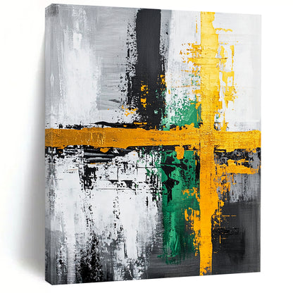 Gray, Black, Gold, Green and White Abstract Cross "Vibrant Crossroads" Painting On Canvas HB350