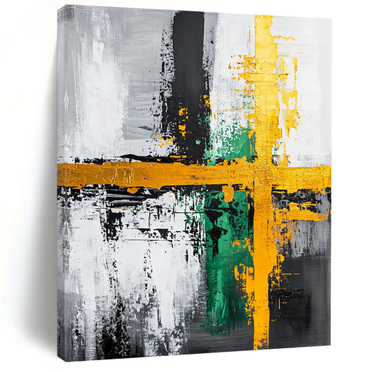 Gray, Black, Gold, Green and White Abstract Cross "Vibrant Crossroads" Painting On Canvas HB350