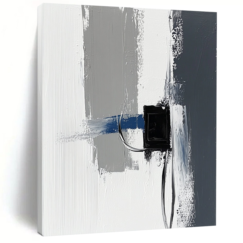 Contemporary abstract painting featuring impasto technique with thick gray and white strokes accented by blue details against a minimalist black power strip backdrop. DLZ1348
