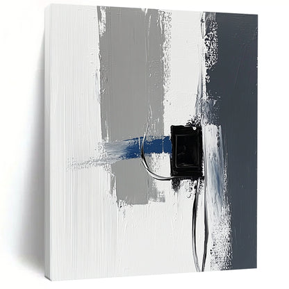 Contemporary abstract painting featuring impasto technique with thick gray and white strokes accented by blue details against a minimalist black power strip backdrop. DLZ1348