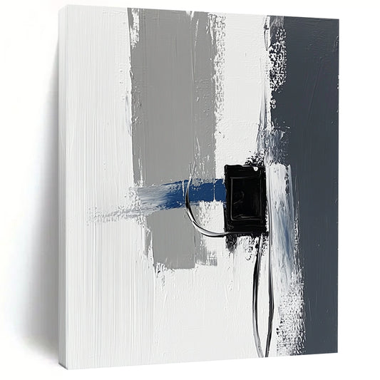 Contemporary abstract painting featuring impasto technique with thick gray and white strokes accented by blue details against a minimalist black power strip backdrop. DLZ1348