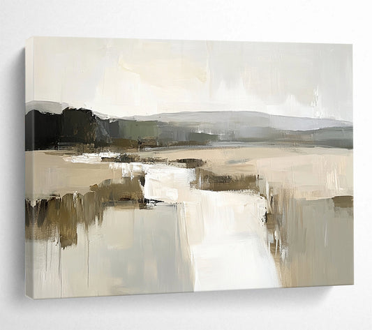 “Minimalist Lake Landscape Abstract” - Beige, Gray, White with Lake Forms - Painting On Canvas HB1402