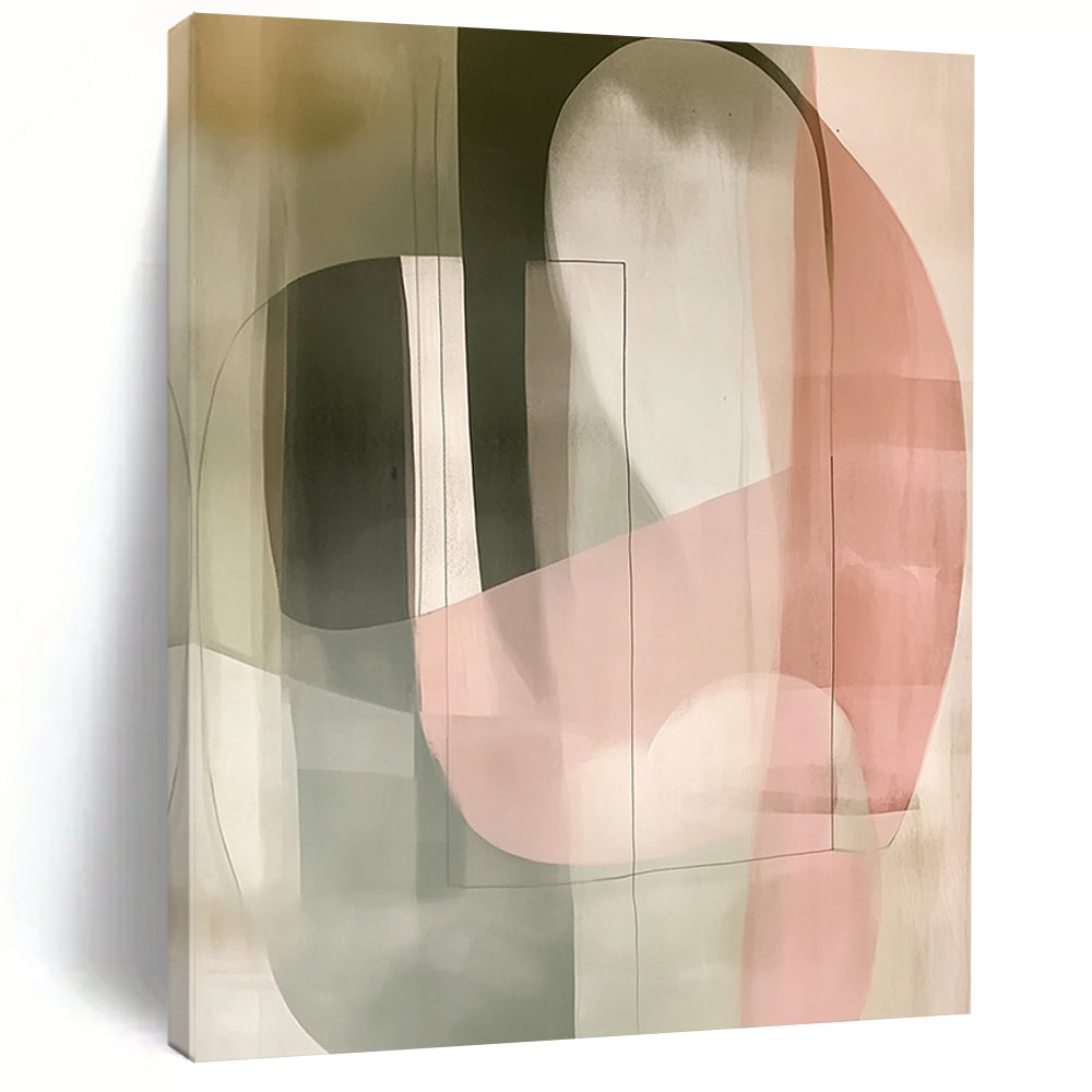 Large contemporary hand-painted abstract artwork featuring pastel colors simple shapes soft lighting and double exposure effects. DLZ1601