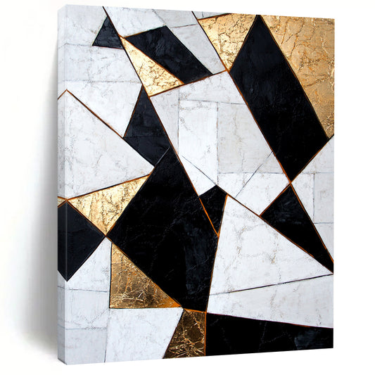 White, Black, Gold, Geometric Triangles "Gilded Geometry" Abstract Modernist Painting On Canvas HB076