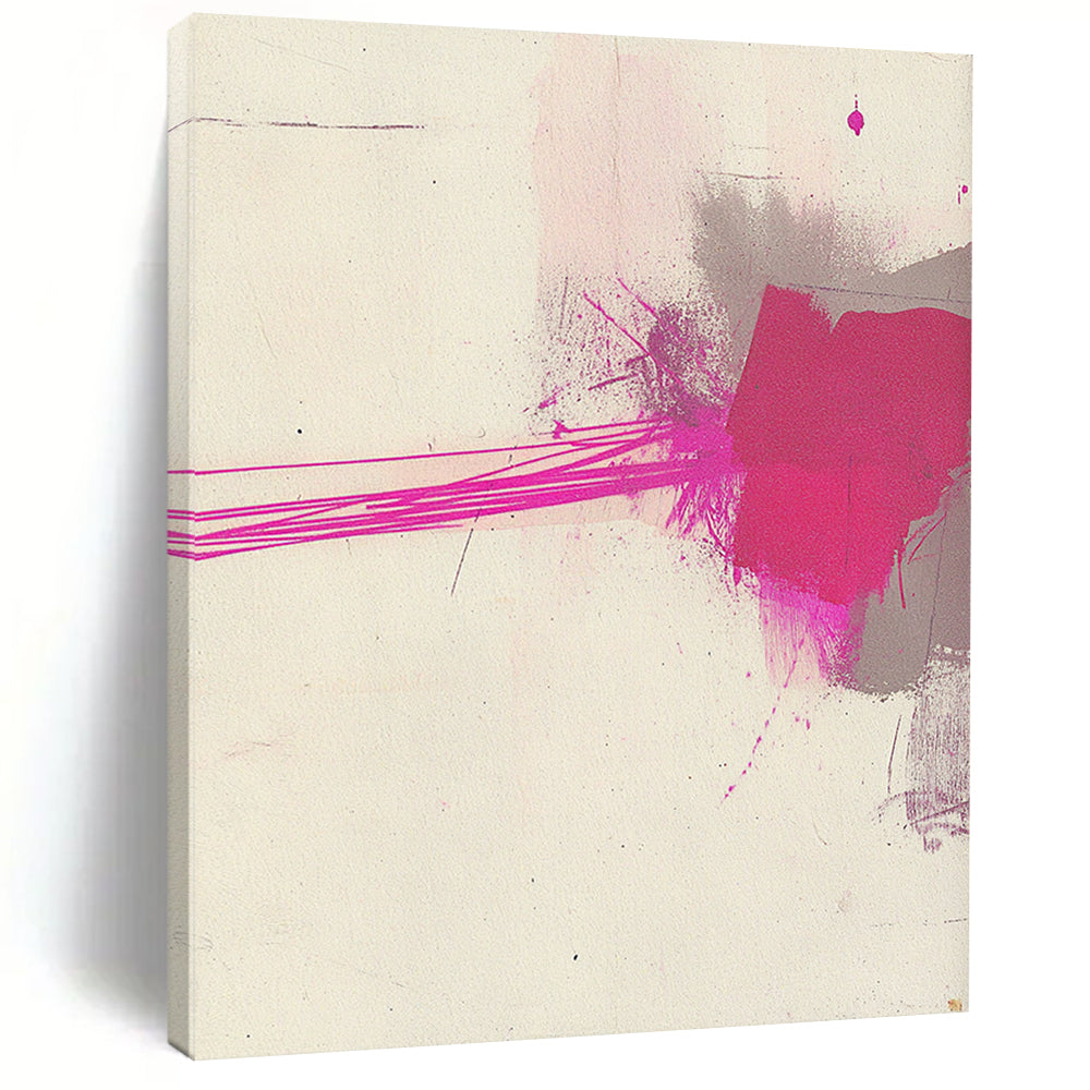 Contemporary hand-painted abstract art features minimalistic brushstrokes with pink and gray ink on textured white paper, highlighted by a thin magenta line. DLZ1519