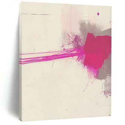 Contemporary hand-painted abstract art features minimalistic brushstrokes with pink and gray ink on textured white paper, highlighted by a thin magenta line. DLZ1519