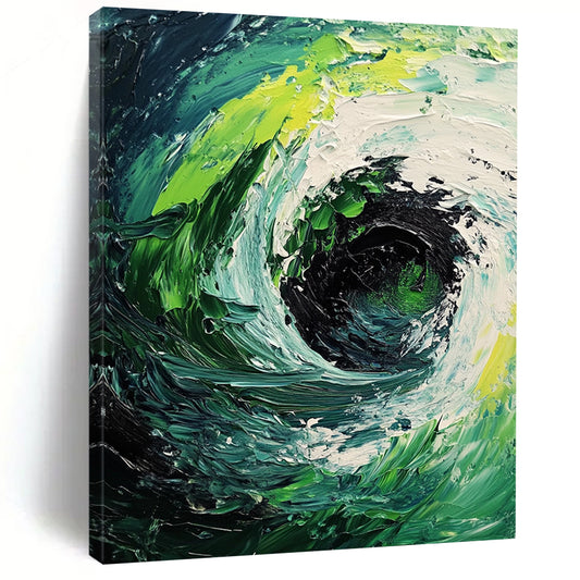 Contemporary abstract painting featuring a dynamic whirlpool of dark green and white waves with bold brushstrokes and striking light-dark contrast. DLZ1229