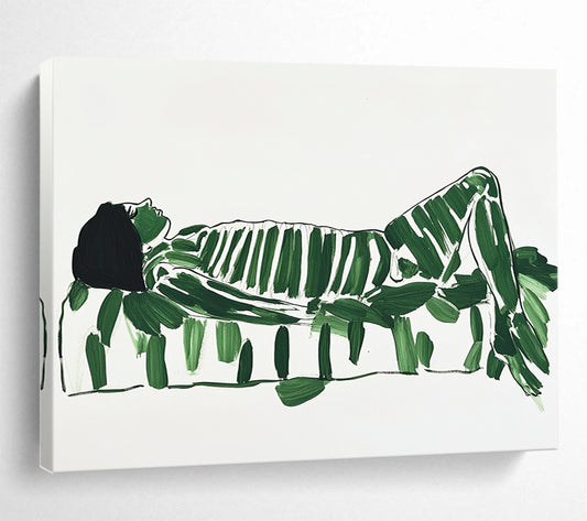 “Green - Leafed Figure” - Green leaves, black lines, Figurative Abstract Painting On Canvas HB0559