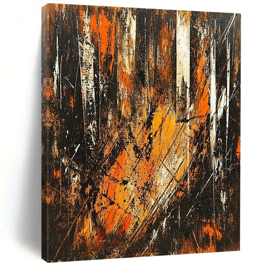 Contemporary hand-painted abstract artwork depicting an energetic forest scene with vibrant brown orange and black tones illuminated by sunlight. DLZ1396