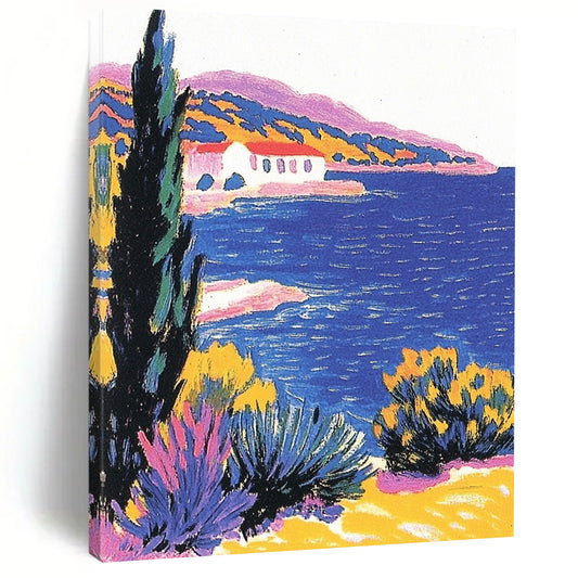 Contemporary hand-painted abstract artwork featuring a beautiful blue sea cypress tree and pastel coastal scenery in a vintage postcard style. DLZ1266