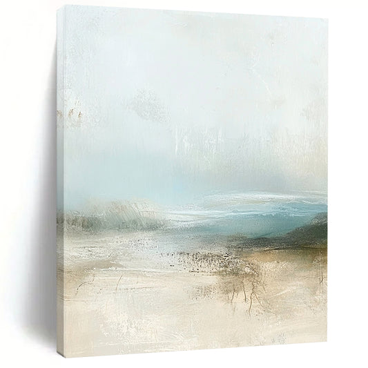 Contemporary abstract painting featuring muted pastel colors and calming beige and pale blue tones with soft atmospheric clouds. DLZ0282
