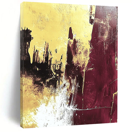 Large contemporary hand-painted abstract artwork featuring yellow and burgundy colors with white texture and gold leaf, capturing ruins in a high-contrast detailed style. DLZ1527
