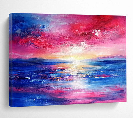 “Vibrant Sunset Seascape” - Pink, red, blue, yellow; Abstract sunset sea; Expressive Oil Painting On Canvas HB1193