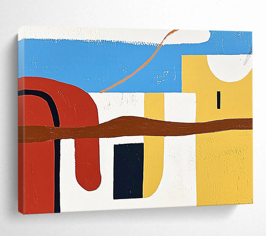 “Colorful Abstract Landscape” - Blue, Red, Yellow, Brown, White - Abstract Geometric Landscape - Acrylic Painting HB1314