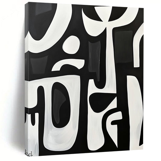 Large contemporary hand-painted abstract artwork featuring bold white shapes on a black background with minimalist design and elegant simplicity. DLZ1426