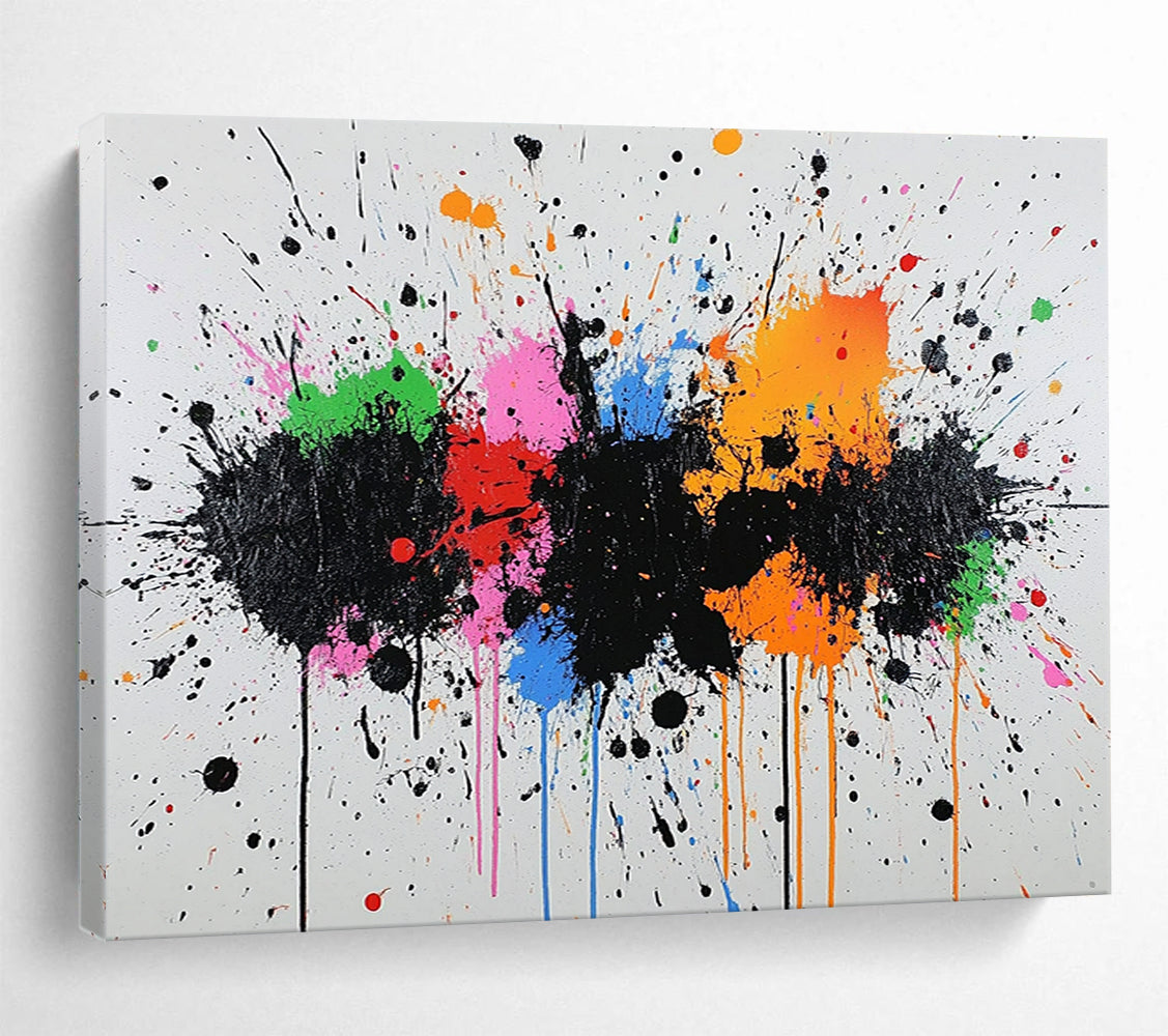 “Color Splash Carnival” - Black, rainbow splatters; Energetic paint splatters on white; Abstract Expressionist Acrylic Painting On Canvas HB1171