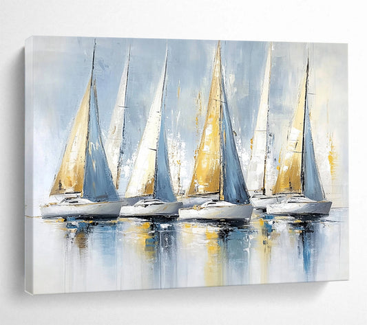 “Blue and Gold Sailboats” - Light Blues, Golds, Whites, Sailboats on Reflective Water - Impasto Oil Painting HB1734