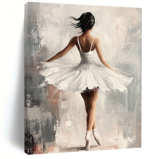 Contemporary hand-painted abstract art featuring an elegant ballerina in a white dress with graceful movements set against a soft gray and neutral background. DLZ1121