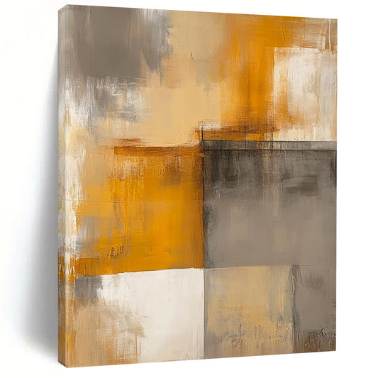 Contemporary hand-painted abstract art featuring faded beige and grey tones with warm yellow accents and simple geometric shapes. DLZ0516