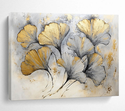 “Gilded Ginkgo Leaves” - Gold, Silver, Gray - Textured Botanical Gilded - Acrylic Painting HB1327
