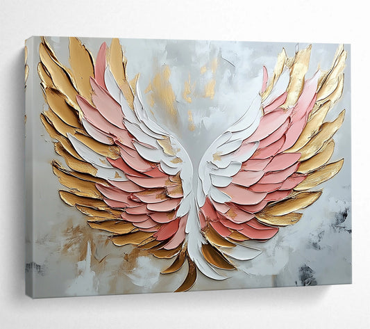 “Textured Angel Wings Abstract” - Gold, Pink, White with 3D Wings - Painting On Canvas HB1398