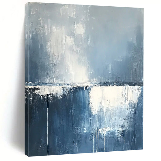 Contemporary hand-painted abstract art featuring misty clouds and rain over the ocean in soothing blue and grey tones with soft white edges. DLZ0630