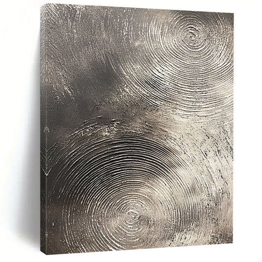 Contemporary abstract artwork features silver textures with swirling patterns on a dark gray background emphasizing depth and movement. DLZ1075