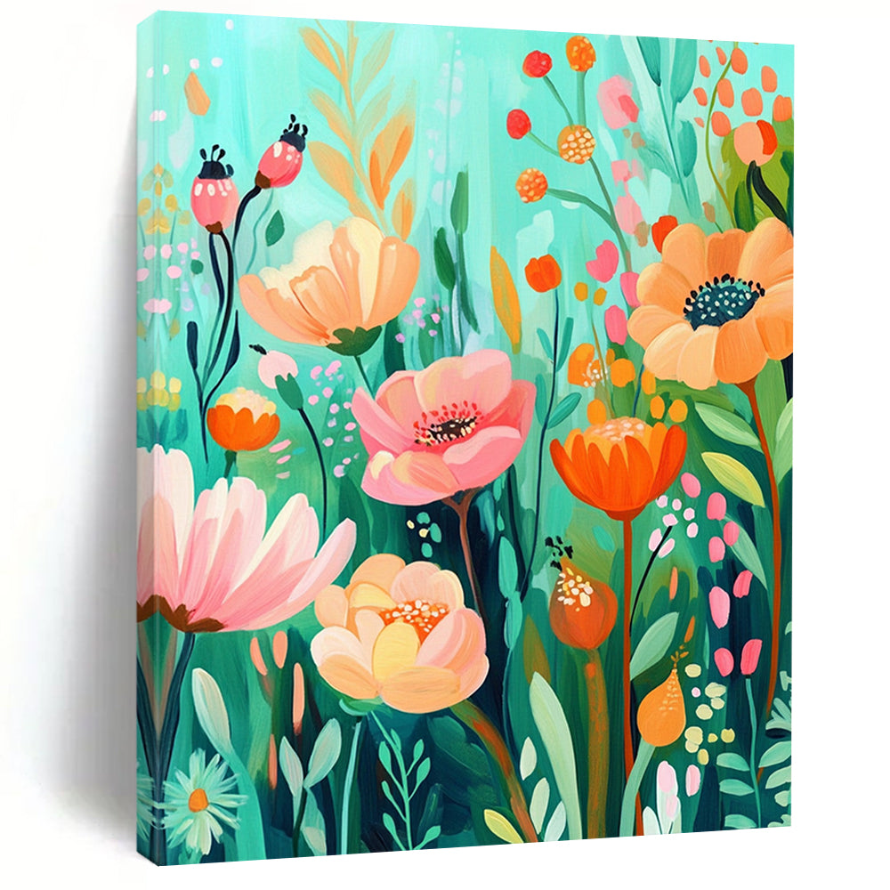 Bold contemporary abstract artwork featuring a whimsical floral garden in vibrant aquamarine and orange hues, ideal for brightening any space. DLZ1573