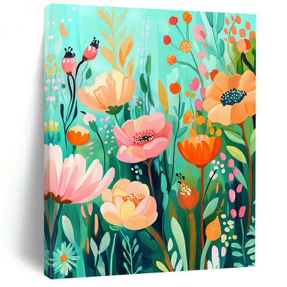 Bold contemporary abstract artwork featuring a whimsical floral garden in vibrant aquamarine and orange hues, ideal for brightening any space. DLZ1573