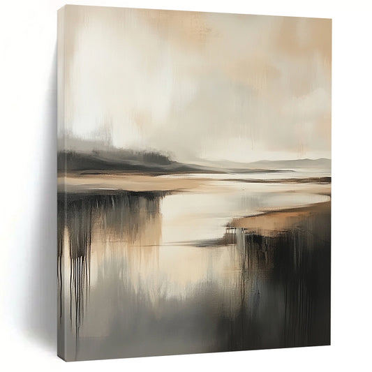 Contemporary abstract painting featuring a misty coastal landscape in neutral tones with rich texture and depth and gentle shadows. DLZ0472