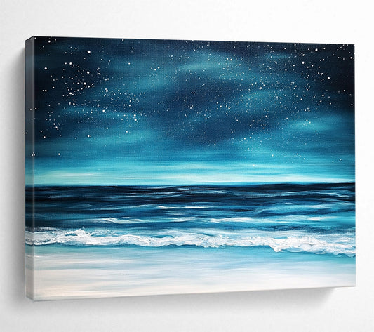 “Midnight Ocean Beach” - Deep Blues, Blacks, Whites, Beach Under a Star - Filled Sky - Impasto Oil Painting HB1743