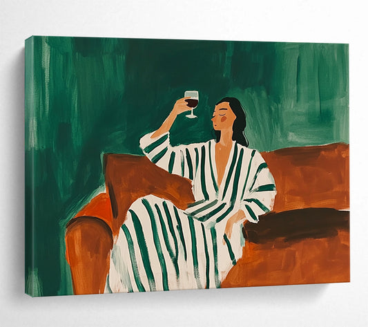 “Relaxed Figure with Wine” - Green, Brown, White, Stylized Figure Scene - Acrylic Painting HB1660