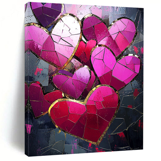 Contemporary abstract artwork features vibrant pink and red hearts with gold foil accents against a dark background illuminated by a mosaic of broken glass pieces. DLZ1721