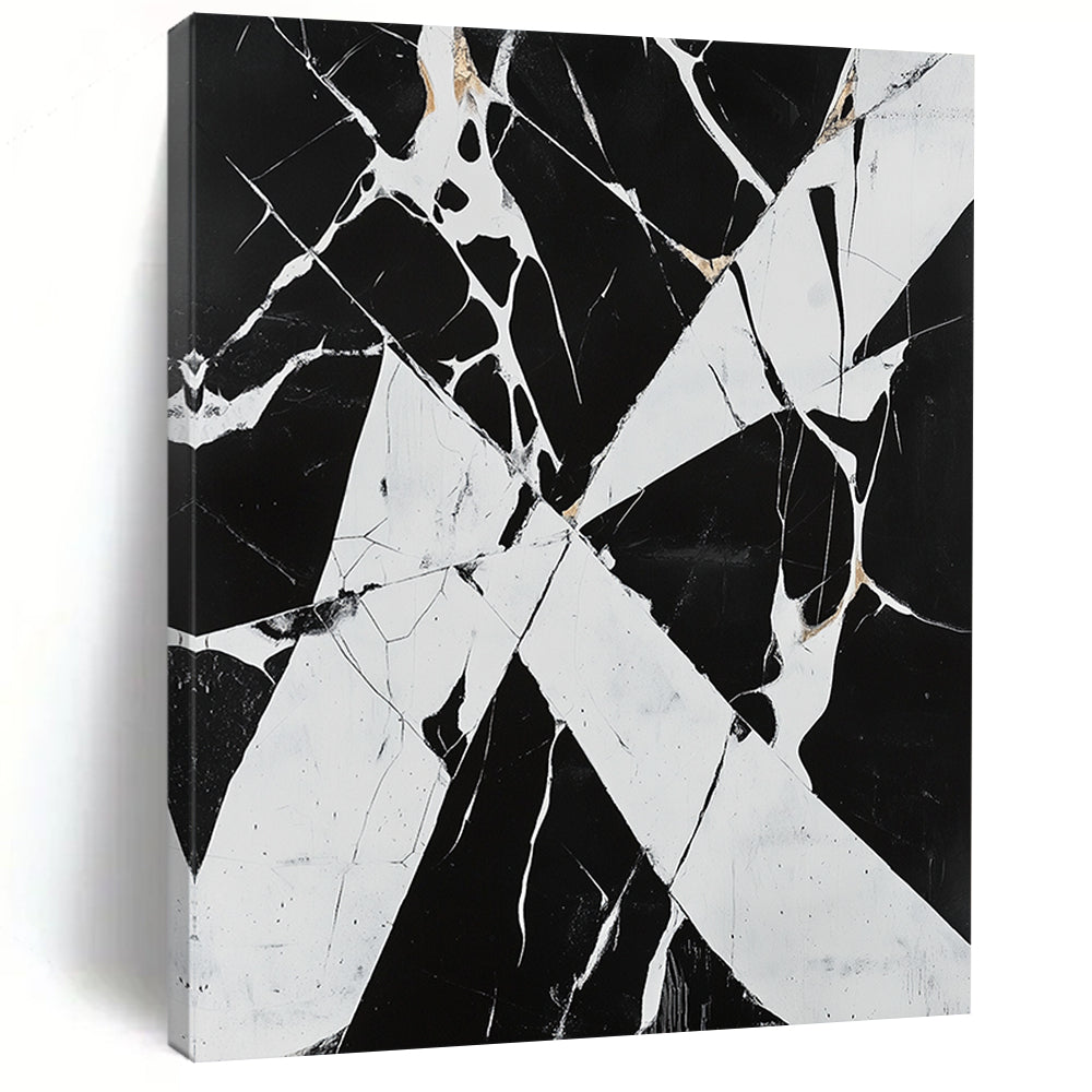 Black, White, Gold with Marbled Cracks "Fractured Elegance" Abstract Painting On Canvas HB017