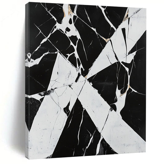 Black, White, Gold with Marbled Cracks "Fractured Elegance" Abstract Painting On Canvas HB017