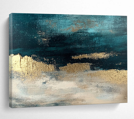 “Teal - Gold Abstract Horizon” - Teal, Gold, White with Textured Layers - Painting On Canvas HB1404