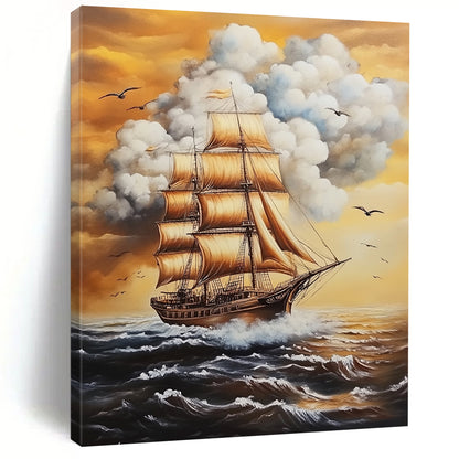 Contemporary hand-painted abstract art featuring a tall ship, white clouds, and birds, evoking a vintage nautical atmosphere. DLZ1477