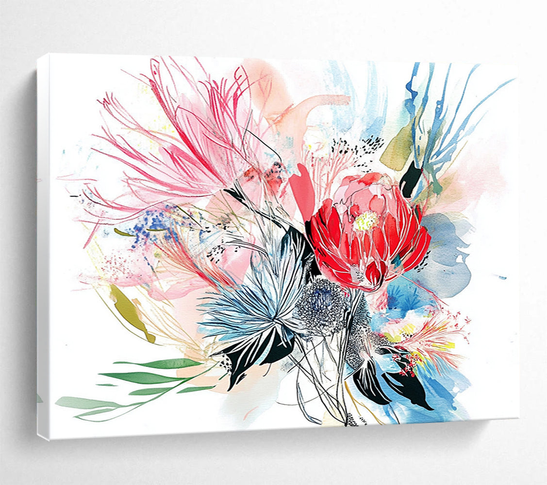 Watercolor Floral Burst - Delicate Mixed - Media Painting On Canvas HB0474