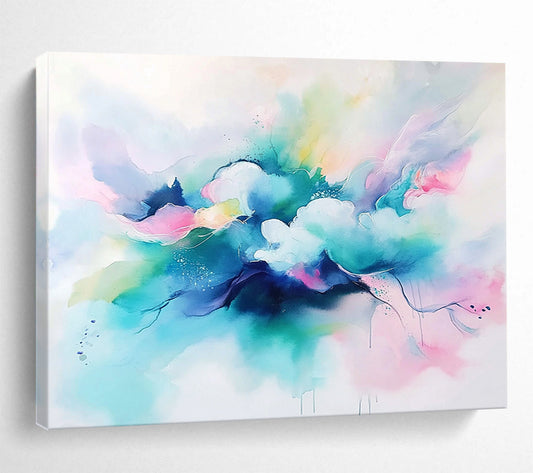 “Colorful Cloud Drift” - Blue, Pink, Green, Watercolor - like Abstract Clouds Painting On Canvas HB1046