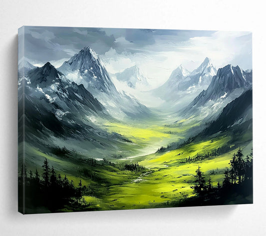 “Mountain Valley Dream” - Green, gray, mountain valley, Landscape Painting On Canvas HB0561