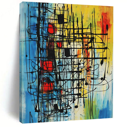 Contemporary abstract painting with vibrant colors and intricate patterns evokes movement and energy through bold lines and geometric shapes. DLZ1028