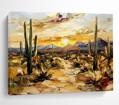 “Desert Sunset with Cacti” - Warm Oranges, Yellows, Greens, Desert Landscape with Cacti - Impasto Oil Painting HB1686
