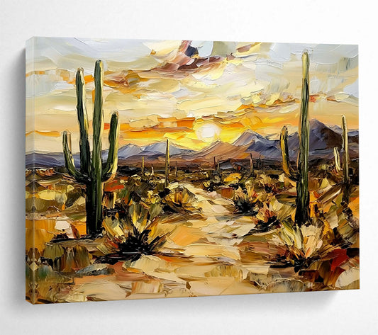 “Desert Sunset with Cacti” - Warm Oranges, Yellows, Greens, Desert Landscape with Cacti - Impasto Oil Painting HB1686