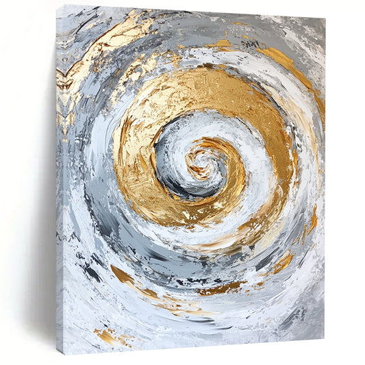 Contemporary hand-painted abstract artwork featuring a spiral design with gold accents on a textured white and grey background. DLZ0807