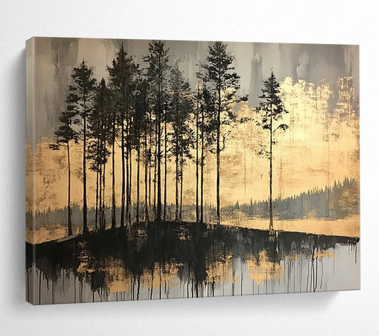“Gilded Forest Reflections” - Dark grays, blacks, shimmering golds; Silhouetted trees, reflective water; Minimalist Landscape Painting On Canvas HB1158