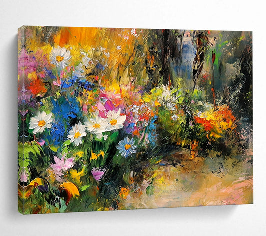 “Colorful Wildflower Garden” - Yellows, Whites, Blues, Pinks, Flower Field - Impressionist Oil Painting HB1567