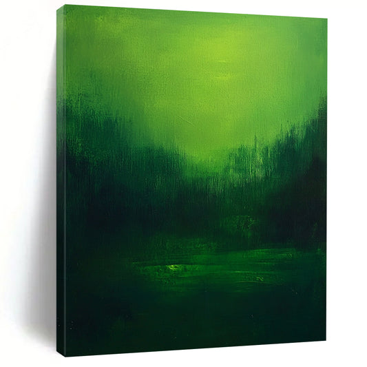 Contemporary abstract art featuring a textured green landscape with blurred edges and deep colors against a dark background for a minimalist aesthetic. DLZ0393