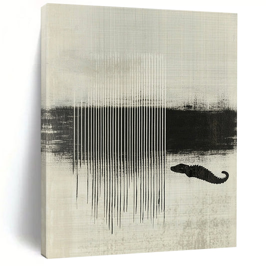 Contemporary abstract artwork featuring black and white stripes layered with textures and a crocodile silhouette enhancing minimalist aesthetic. DLZ1438