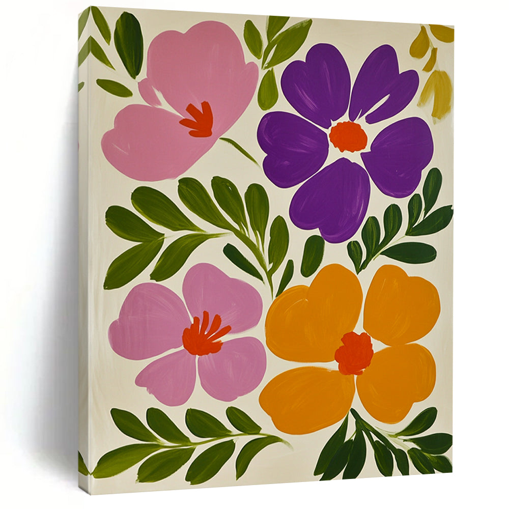 Contemporary hand-painted abstract art featuring vibrant pink and purple flowers against a white background with lush green leaves and vivid orange accents. DLZ1598