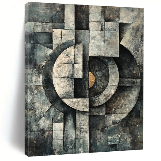 Gray, Black and Gold Geometric Composition "Industrial Harmony" Painting On Canvas HB345